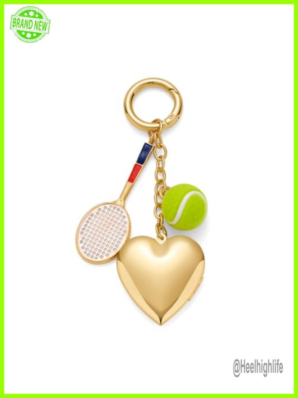 Gold Tennis Racket Ball Keychain Bag Charm Heart Locket